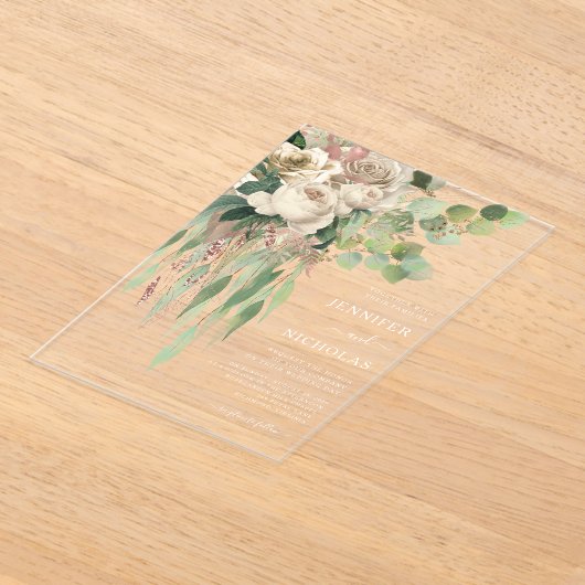 フローラエレガントユーカリ結婚プス アクリル招待状 (レイダウン)