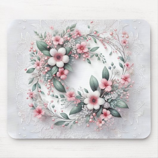 フローラエレガントリースオンホワイトブライダルレース マウスパッド (正面)