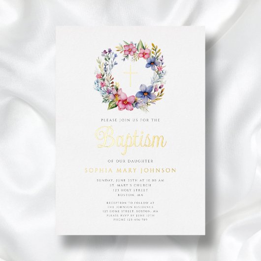 フローラエレガントリースクロスガールバプティスマ金ゴールド 箔招待状