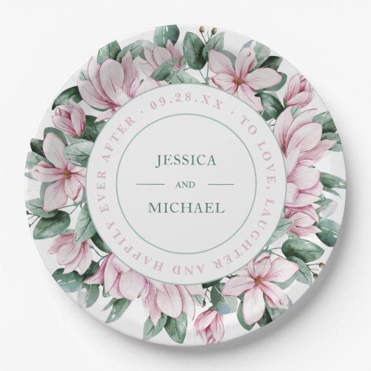 フローラエレガントリースダスティピンクマグノリア結婚ズ ペーパープレート (正面)