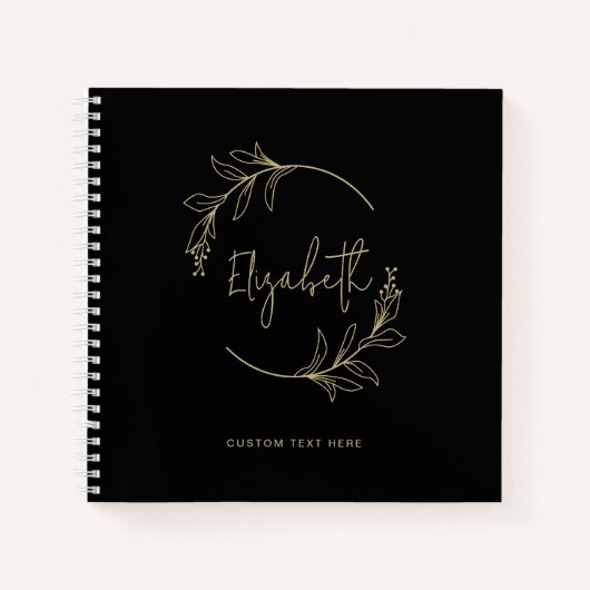 フローラエレガントリースモノグラムブラック金ゴールド ノートブック (正面)