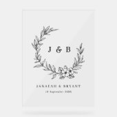 フローラエレガントリースモノグラム結婚ブラック アクリルサイン (正面)