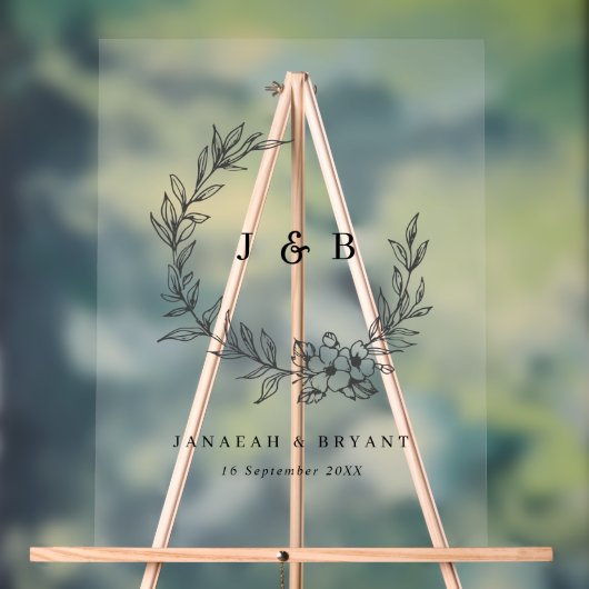 フローラエレガントリースモノグラム結婚ブラック アクリルサイン (ニュートラル)