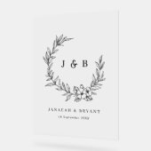 フローラエレガントリースモノグラム結婚ブラック アクリルサイン (傾斜)