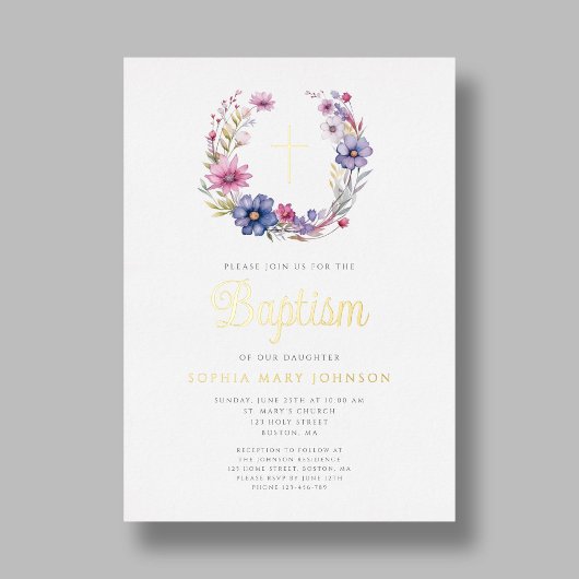 フローラエレガントリース宗教十字女の子バプテスマ 箔招待状