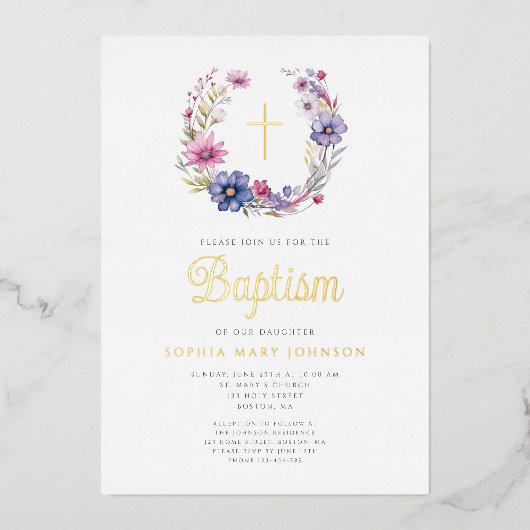 フローラエレガントリース宗教十字女の子バプテスマ 箔招待状 (正面)