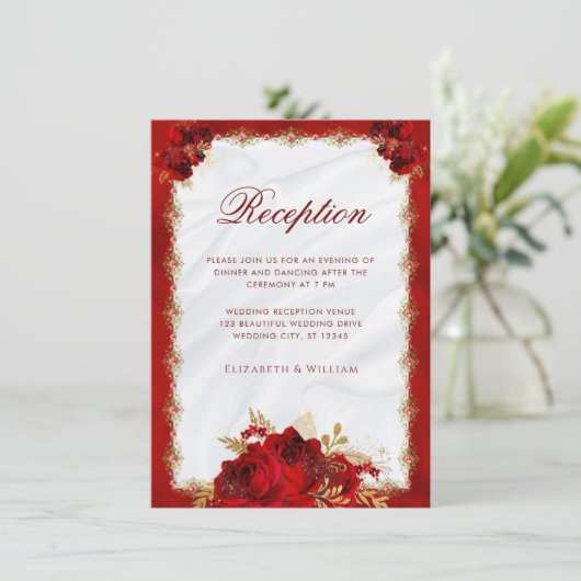 フローラエレガントレッドと金ゴールドウェディングレセプション エンクロージャーカード (スタンド正面)