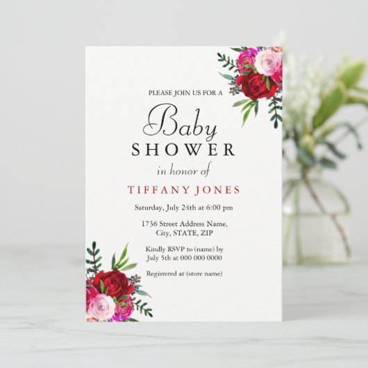 フローラエレガントレッドローズベビーシャワー招待状 招待状 (スタンド正面)