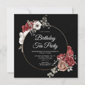 フローラエレガントレッドローズ金ゴールド誕生日ティーパーティー 招待状 (正面)