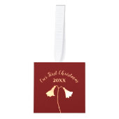 フローラエレガントレッド金ゴールドカップルの初めてのクリスマス キューブオーナメント (正面)