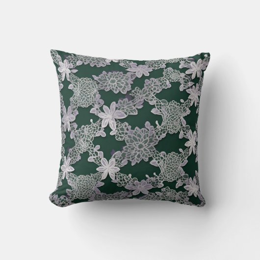 フローラエレガントレースのパターン(緑と白) クッション (正面)
