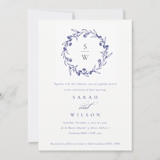 フローラエレガントローレルリースネイビーブルー結婚ズ 招待状 (正面)