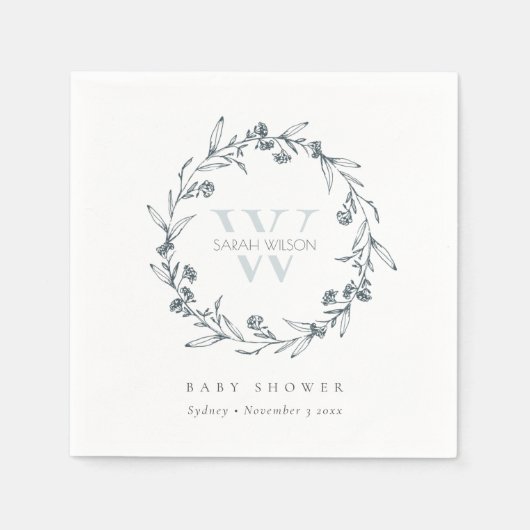 フローラエレガントローレルリースモノグラムベビーシャワー スタンダードカクテルナプキン (正面)