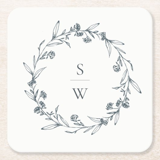フローラエレガントローレルリースモノグラム結婚ズ スクエアペーパーコースター (正面)