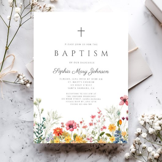 フローラエレガントワイルドフラワークロスガールバプテスマ 招待状