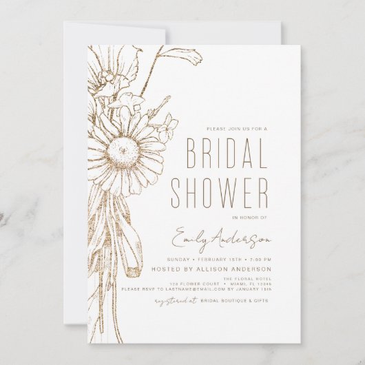 フローラエレガントワイルドフラワーブライダルシャワーゴールドフォイル 招待状 (正面)