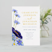 フローラエレガントワイルドフラワーブルーと金ゴールド 箔招待状 (立ち正面)