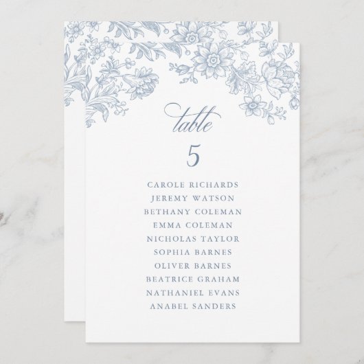 フローラエレガントヴィンテージほこりっぽい青い座席表 招待状 (正面/裏面)