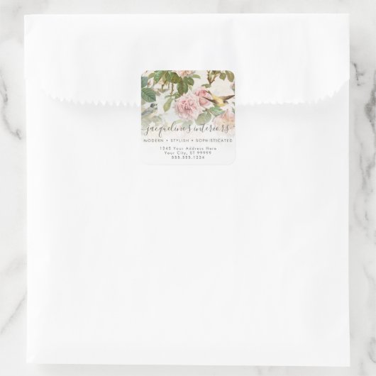 フローラエレガントヴィンテージバードイエローピンクローズ スクエアシール (バッグ)