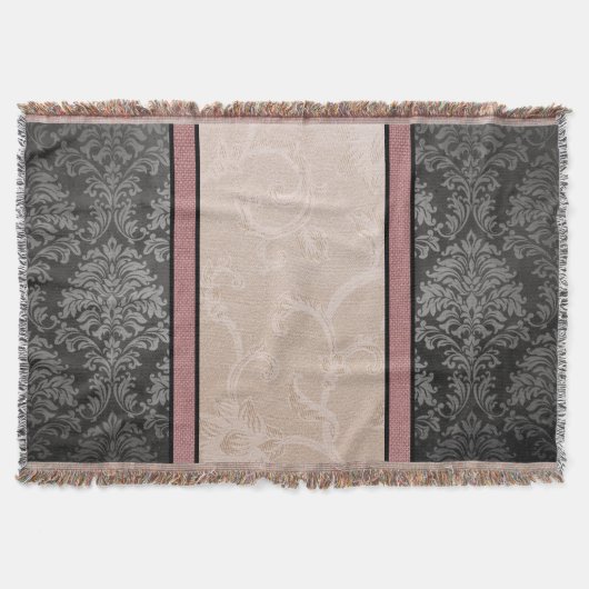 フローラエレガントヴィンテージピンクとグレーダマスク スローブランケット (正面)