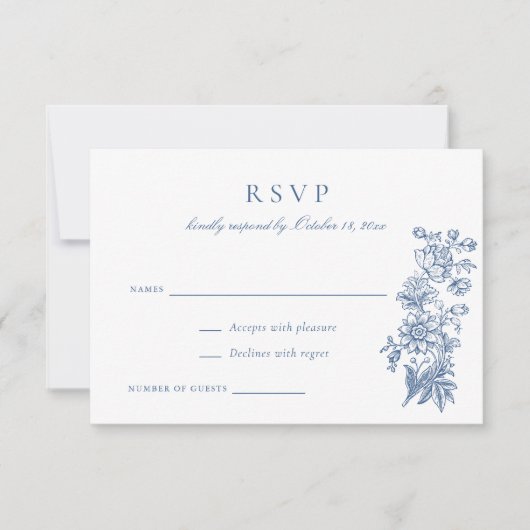 フローラエレガントヴィンテージブルーウェディングRSVP 招待状 (正面)