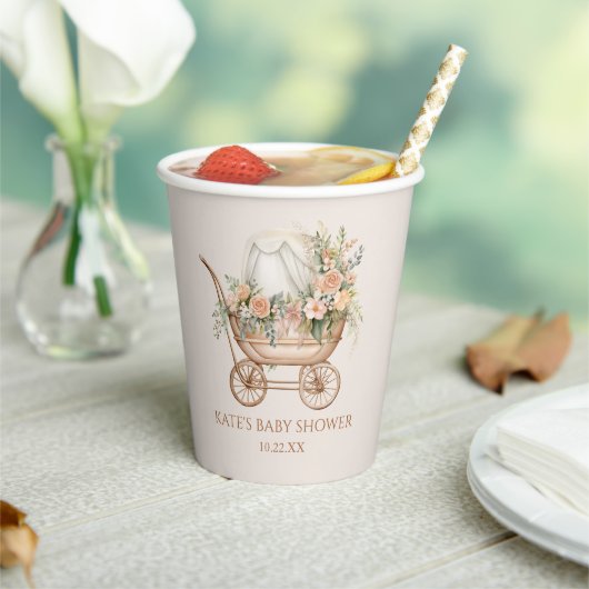 フローラエレガントヴィンテージベビーキャリッジベビーシャワー 紙コップ (インサイチュ)