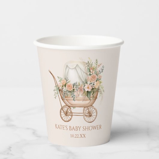 フローラエレガントヴィンテージベビーキャリッジベビーシャワー 紙コップ (正面)