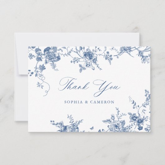 フローラエレガントヴィンテージ植物海軍ブルー サンキューカード (正面)