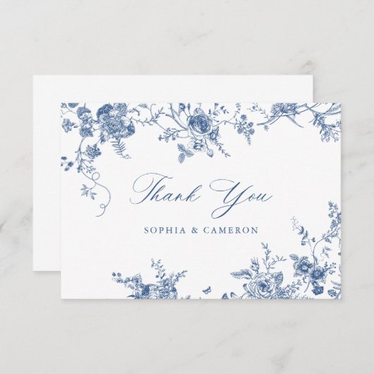 フローラエレガントヴィンテージ植物海軍ブルー サンキューカード (正面/裏面)
