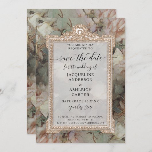 フローラエレガントヴィンテージ赤面ホワイトミントバラ金ゴールド セーブザデート (正面/裏面)