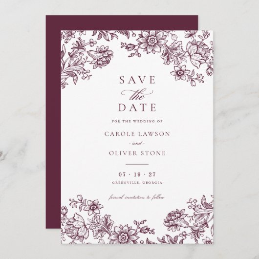フローラエレガントヴィンテージBurgundy日付を保存 招待状 (正面/裏面)