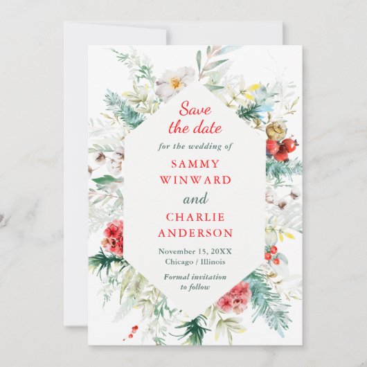 フローラエレガント冬の結婚式の日付を保存 招待状 (正面)