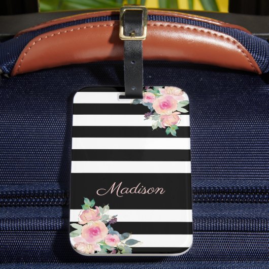 フローラエレガント名ストライプピンク白黒 ラゲッジタグ (正面インサイチュ2)