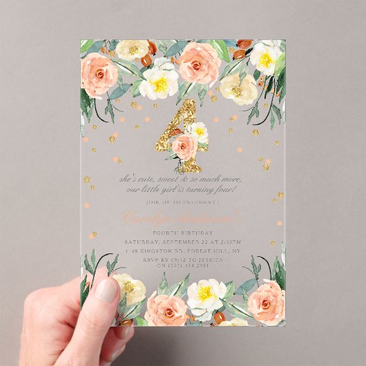 フローラエレガント女子4歳の誕生日 アクリル招待状 (インサイチュ (ポータブル))