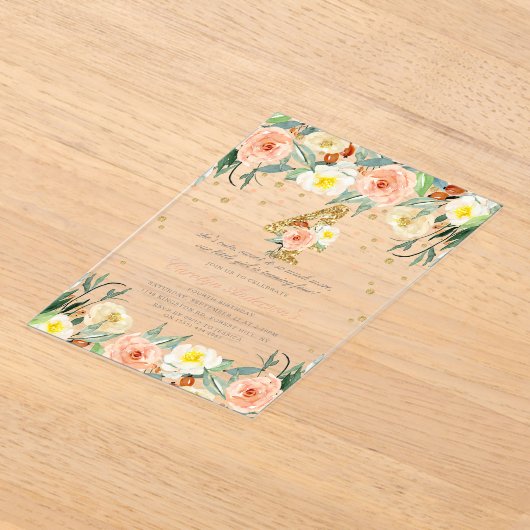 フローラエレガント女子4歳の誕生日 アクリル招待状 (レイダウン)