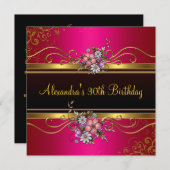 フローラエレガント明るい赤紫色ピンク金ゴールドジュエル誕生日 招待状 (正面/裏面)