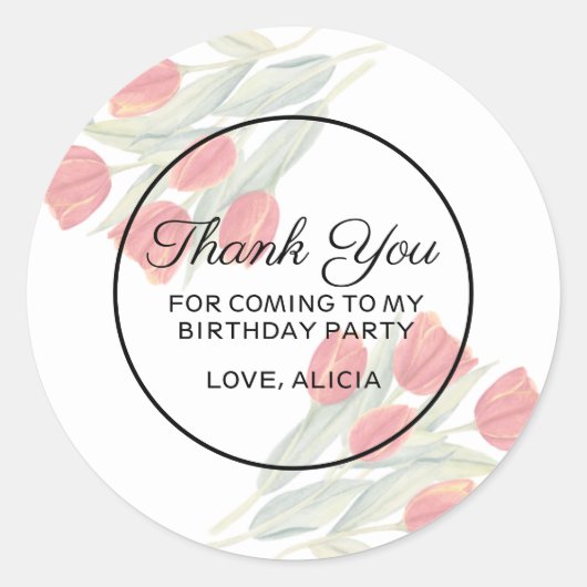 フローラエレガント春レッドチューリップサンキュー誕生日 ラウンドシール (正面)