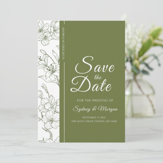 フローラエレガント植物セージ緑の日付を保存 招待状 (スタンド正面)