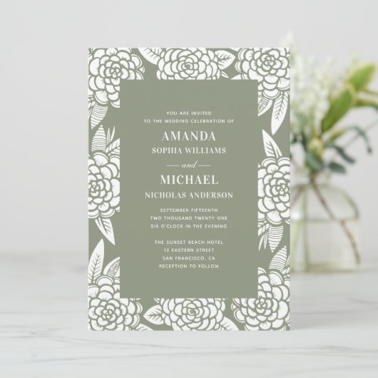 フローラエレガント植物性パステルセージ結婚グリーン 招待状 (スタンド正面)