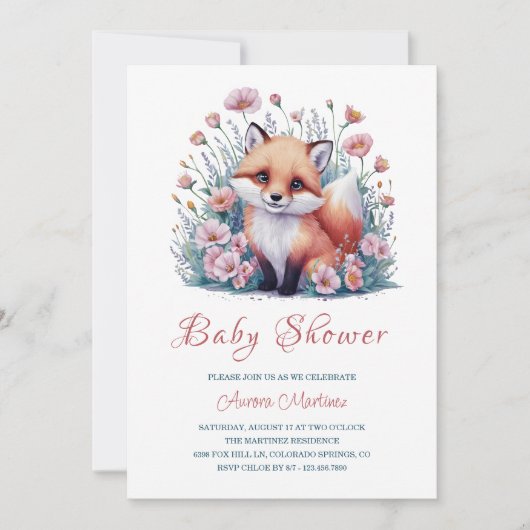 フローラエレガント水彩キツネベビーシャワー 招待状 (正面)