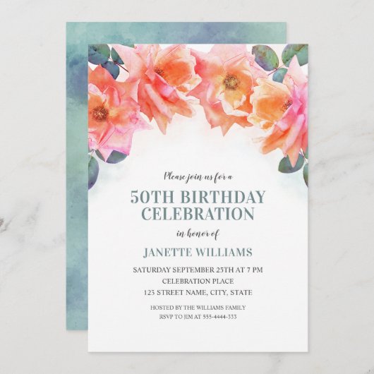 フローラエレガント水彩バラ50th誕生日パーティー 招待状 (正面/裏面)