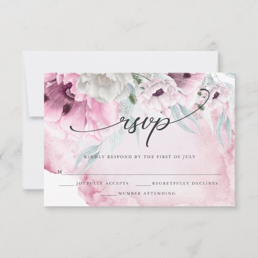 フローラエレガント水彩ピンクポピーRSVPカード 出欠カード (正面)