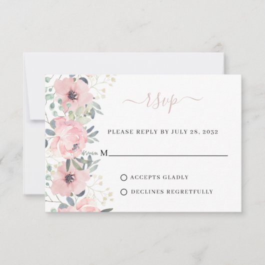 フローラエレガント水彩埃っぽい赤面ピンク結婚ズ 出欠カード (正面)