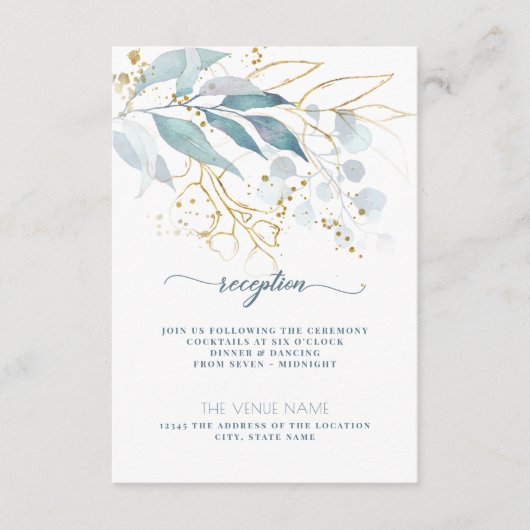 フローラエレガント水彩埃っぽい青金ゴールド受け取り エンクロージャーカード (正面)