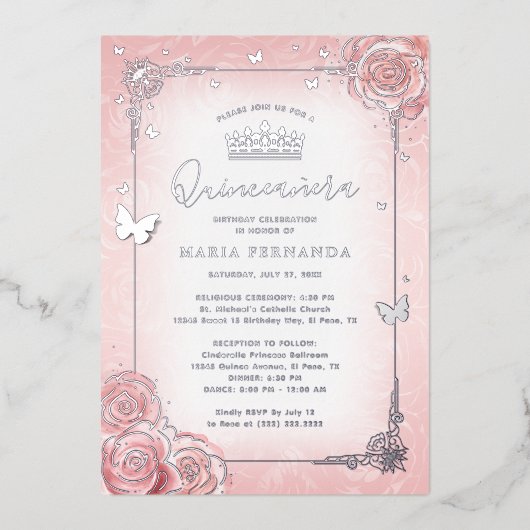 フローラエレガント水彩淡いピンクキンセアニェラ 箔招待状 (正面)