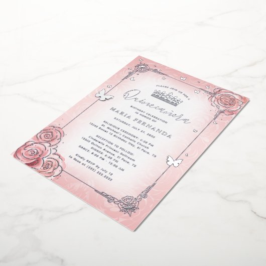 フローラエレガント水彩淡いピンクキンセアニェラ 箔招待状 (回転した状態)