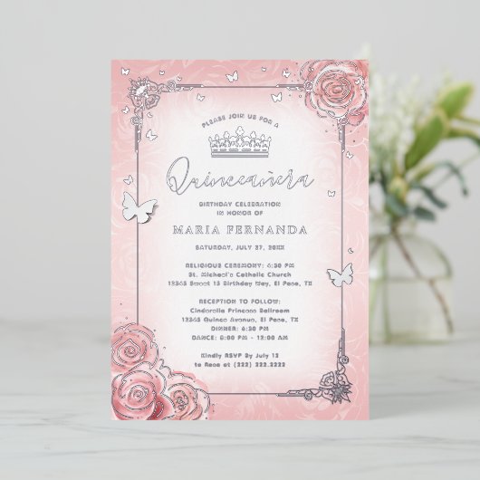 フローラエレガント水彩淡いピンクキンセアニェラ 箔招待状 (立ち正面)