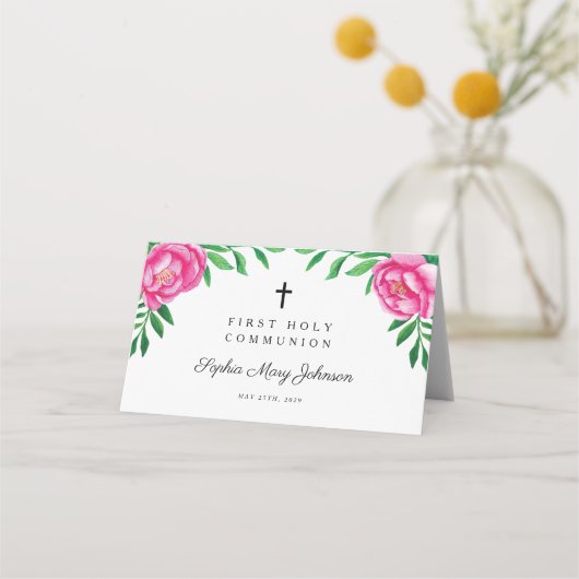 フローラエレガント水彩牡丹の最初の聖餐式 プレイスカード (裏面)