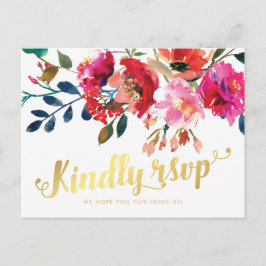 フローラエレガント水彩白金ゴールド結婚式RSVP インビテーションポストカード