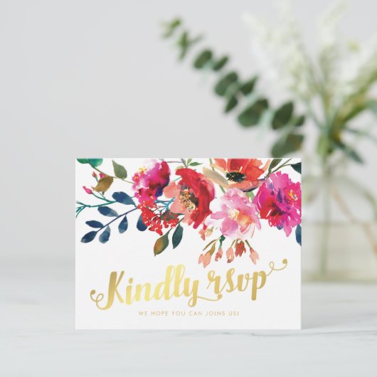 フローラエレガント水彩白金ゴールド結婚式RSVP インビテーションポストカード (スタンド正面)